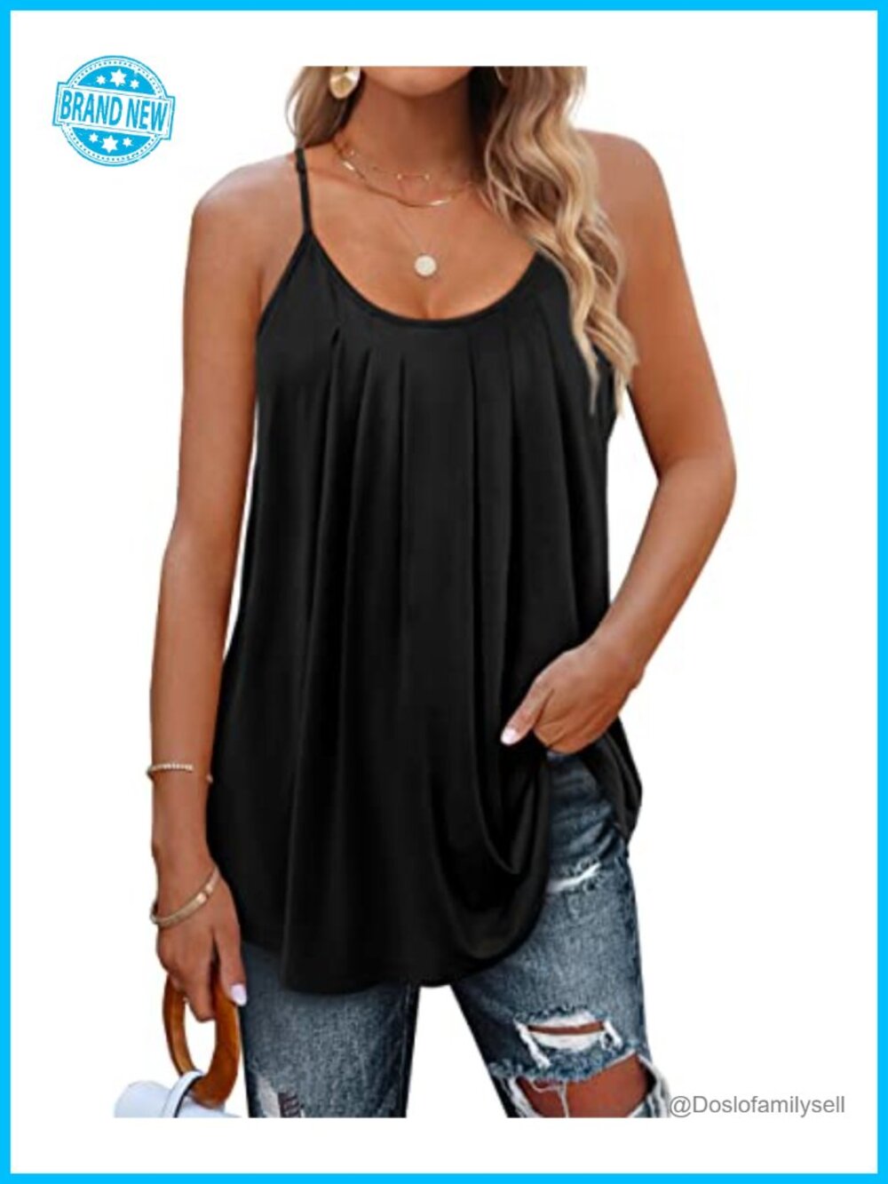 Women's Pleated Scoop Neck Tank Top Adjustable Spaghetti Strap Camisole